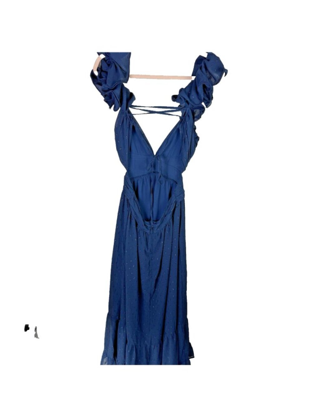 Petal + Pup Navy Glitter Ruffle Maxi Dress Deep V Lace Up Back Gala Sz L - Picture 8 of 12